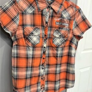 Women's Harley-Davidson Checkered Orange and Black Shirt w/Swarovski Crystals